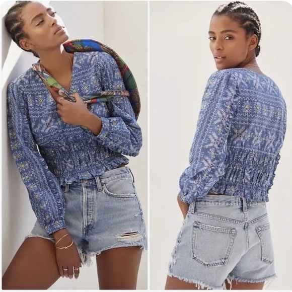Anthropologie Forever That Girl Blue Embroidered Peasant Top Size Large - Picture 1 of 6